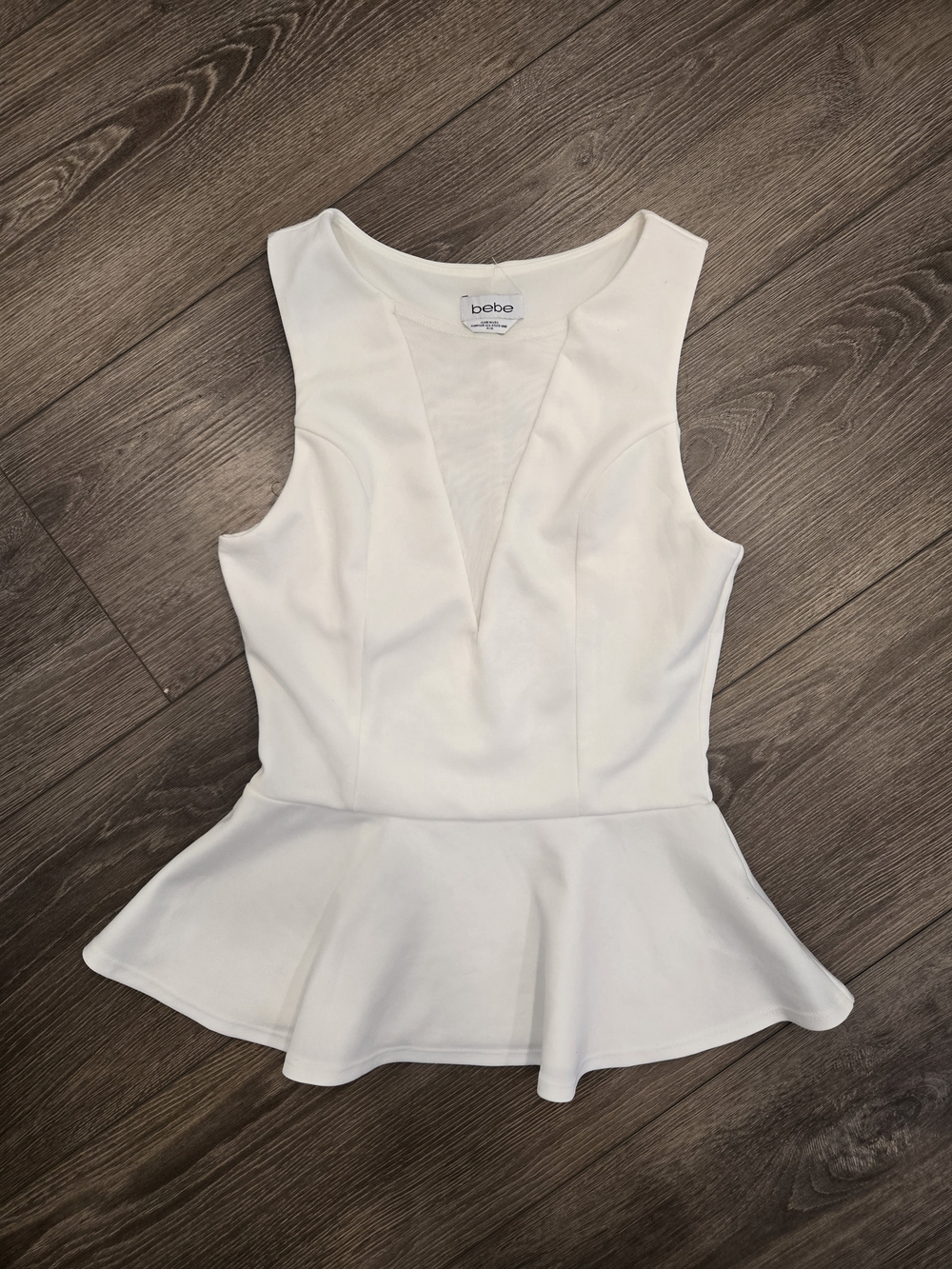 bebe White Peplum V-Neck Sleeveless Top